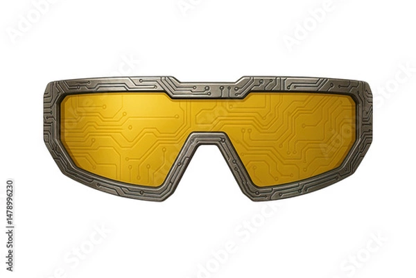 Obraz Futuristic visor sunglasses with yellow circuit lenses, isolated on transparent background, generative ai