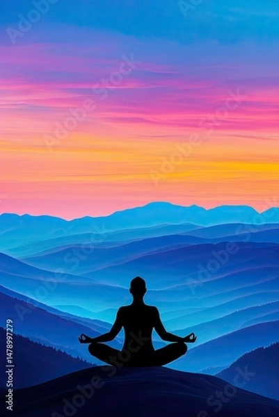 Fototapeta Serene Silhouette of a Meditating Figure Against a Vibrant Sunset Over Rolling Mountainous Landscape Evoking Tranquility and Inner Peace in Nature's Embrace