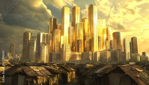 Fototapeta Golden city towering above dilapidated settlements.