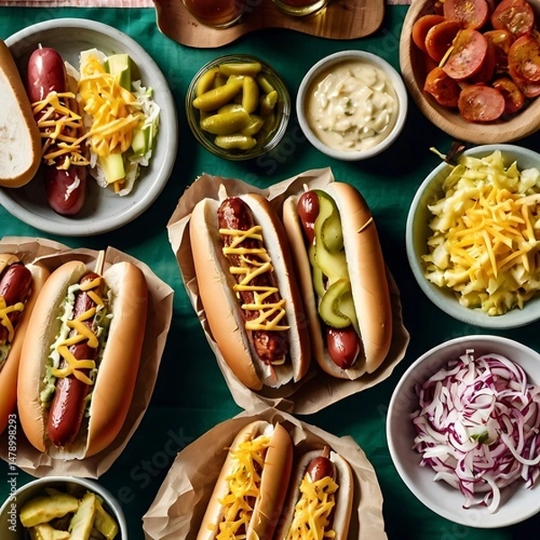 Fototapeta "Classic American Hot Dog with Mustard and Ketchup in Soft Bun"

