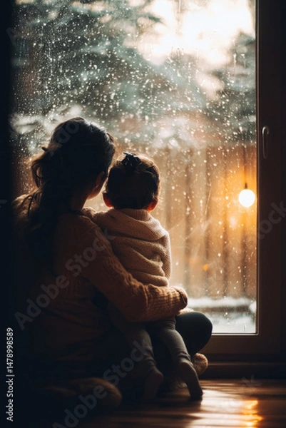 Fototapeta A rainy day in the living room with soft music playing A child is sitting in their mom's lap while she comforts them after a long day The feeling is safe and loving
