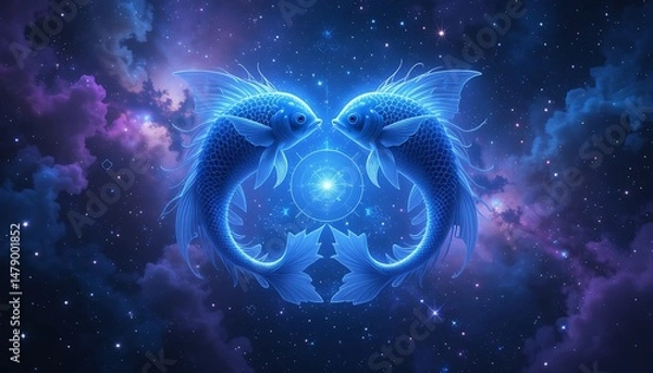 Fototapeta Celestial Pisces: Two Glowing Fish in Cosmic Embrace