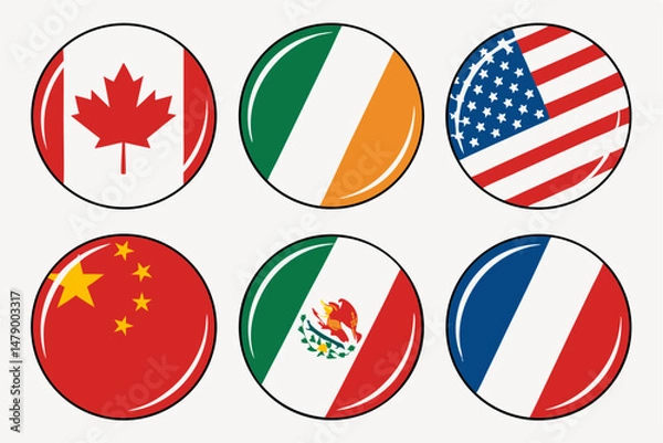 Fototapeta World Country Flag Icons Vector Set with USA Canada France Ireland Mexico China Circle Button Designs Generative ai