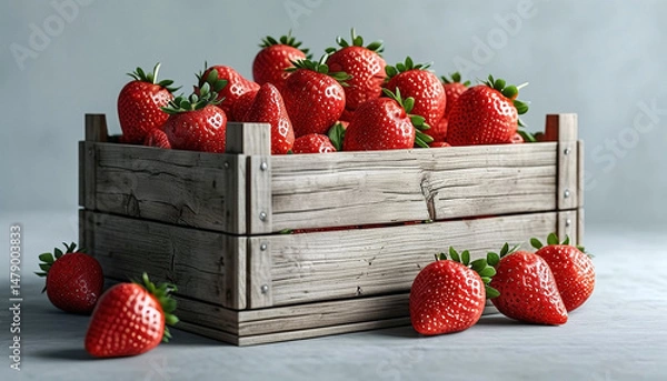 Fototapeta Fresh strawberries in wooden crate displayed diagonally for market concept and design with copy space