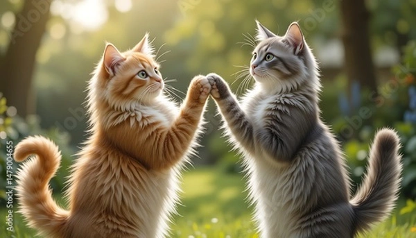 Fototapeta Adorable Kittens Playing in the Garden: A Delightful Moment of Feline Friendship