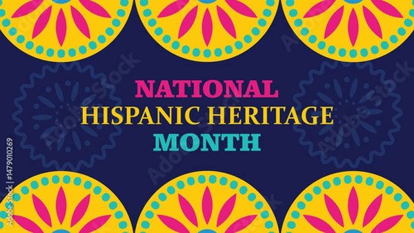 Obraz Hispanic heritage month. Vector web banner, poster, card for social media and networks. Greeting with national Hispanic heritage month text, Papel Picado pattern, perforated paper on blue background