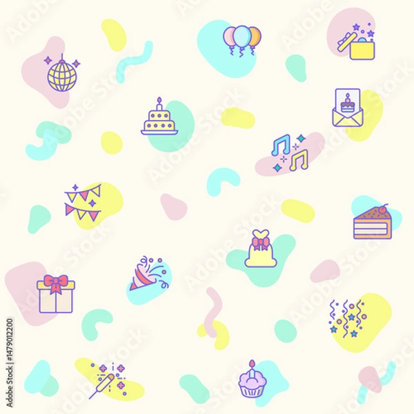 Fototapeta Vector illustration of a cute Birthday And party. Collection of celebration, event, cake, Firecracker, invitation, letter, gift, festival, mirror ball and other elements. Isolated on beige.