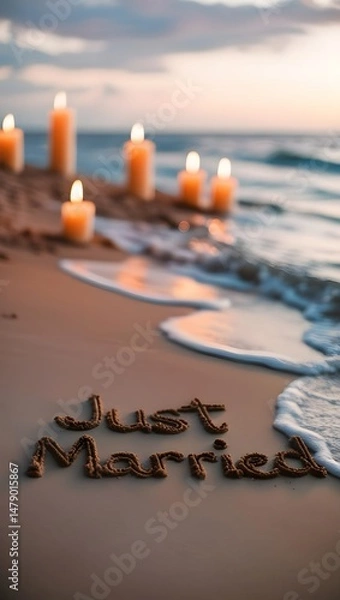 Fototapeta A beach scene at twilight where just married is written in the sand by hand, soft waves touching the edge, with candlelit torches in the background and romantic sunset hues (2)