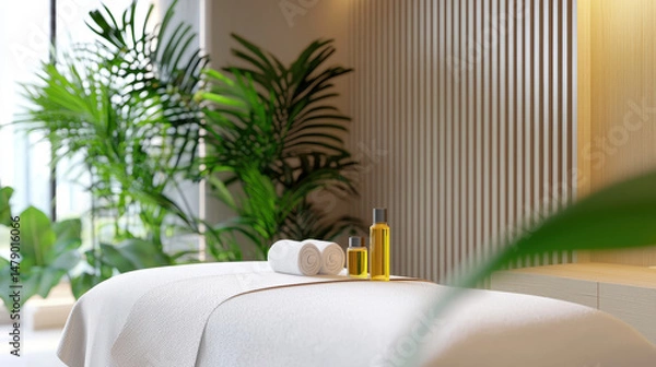 Fototapeta Serene massage therapy room featuring massage table, essential oils, and towels, surrounded by lush greenery for calming atmosphere