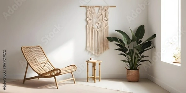 Fototapeta A boho-style reading nook with a rattan lounge chair and bamboo side table, set in a pastel color scheme. Accented with macrame wall hangings and leafy indoor plants, softly lit by indirect daylig (6)