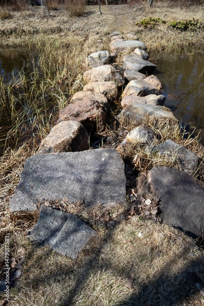 Fototapeta stepping stones crossing the water in springtime