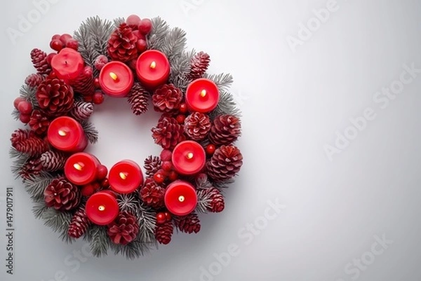 Fototapeta Christmas wreath with red candles, pinecones, berries and frosted branches on white background.