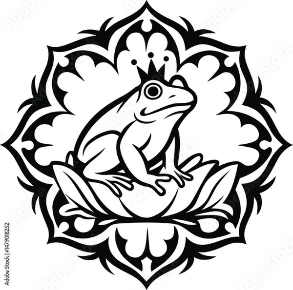 Fototapeta Frog sitting on a lotus flower isolated vector icon, frog sitting on a lotus flower silhouette vector art, frog sitting on a lotus flower line art vector illustration