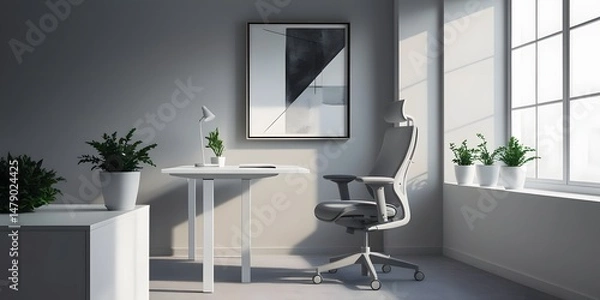 Fototapeta A modern home office featuring a floating desk and ergonomic chair, using a cool gray and white palette. Includes framed abstract wall art and desk plants, under diffused daylight from a side wind (1)