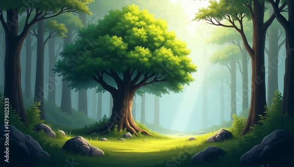 Fototapeta Serene Forest Digital Art – Lush Green Tree, Misty Background, Dappled Sunlight, Tranquil Scene