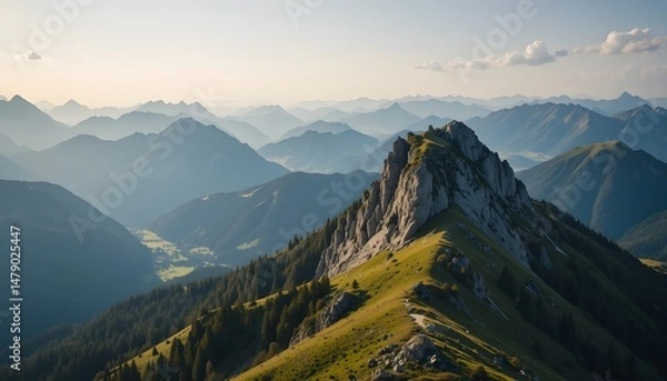Obraz Aerial View of Mountain Peak in the Swiss Alps, Sax, St. Gallen, Switzerland, Showcasing Majestic Natural Landscape and Snow-Capped Peaks