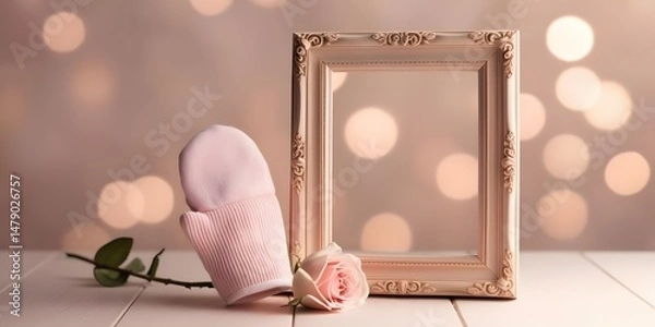 Fototapeta A photo frame without photo, standing beside a soft baby mitt and a flower bud, ready to be filled with newborn memories. Backlit for a dreamy and sentimental effect