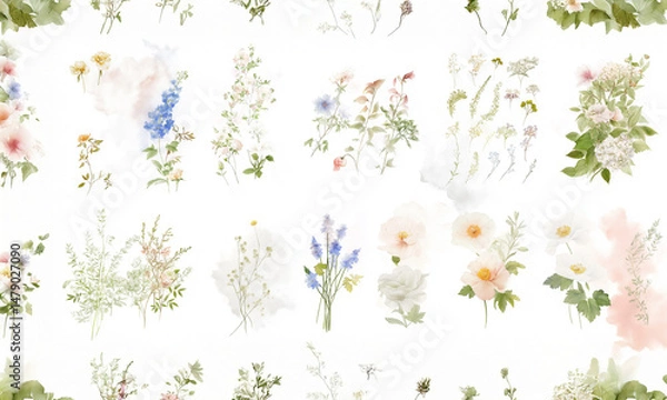 Fototapeta A collection of delicate watercolor illustrations featuring various wildflowers and plants, set against a white background. The assortment includes soft pink peonies, blue lavender, white 