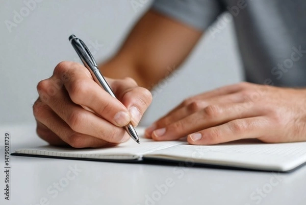 Fototapeta Writing in a notebook: A person's hands are seen holding a pen and writing in a notebook. Close up of the journaling.