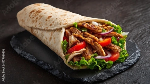 Fototapeta Juicy Shawarma Roll Wrapped in Pita with Crisp Vegetables