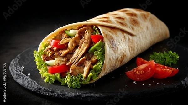 Fototapeta Juicy Shawarma Roll Wrapped in Pita with Crisp Vegetables