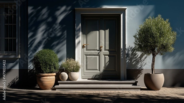Obraz Elegant modern house entrance with potted plants, showcasing minimalist design and natural harmony.