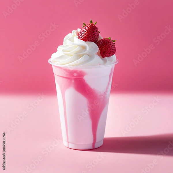 Fototapeta **Whipped Strawberry Milk In Transparent Cup, Topped With Foam And Strawberry Drizzle, Pastel Background With Soft Shadows For Modern Beverage Marketing. Would You Like Me To Continue With Turmeric Mi