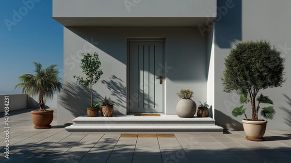 Obraz Elegant modern house entrance with potted plants, showcasing minimalist design and natural harmony.