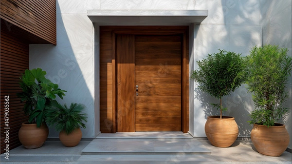 Obraz Elegant modern house entrance with potted plants, showcasing minimalist design and natural harmony.