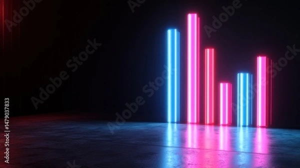 Obraz Neon graphic bars in vibrant pink and blue light, reflecting on a dark concrete floor
