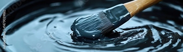 Fototapeta A paintbrush dipped in glossy black paint, resting on the surface of a paint can.