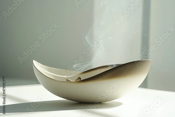 Fototapeta Modern incense holder with ash catcher, burning cone creating subtle smoke trails, zen meditation aesthetic with dynamic smoke effect.