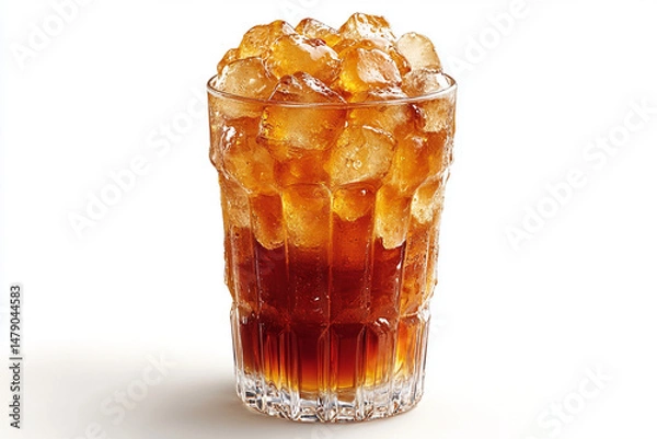 Fototapeta **Tall Glass Of Chilled Cola Filled With Ice Cubes, Cold Steam Rising Slightly, Heavy Condensation On The Outer Surface, Dark Fizzy Drink With Caramel Tones, Isolated On White, Sharp Focus And Soft Sh