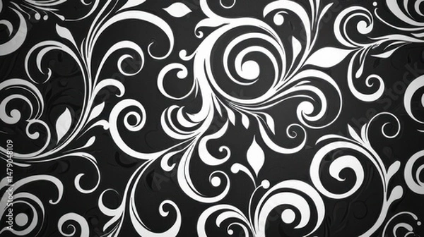 Fototapeta Monochrome black and white flock wallpaper with abstract swirls