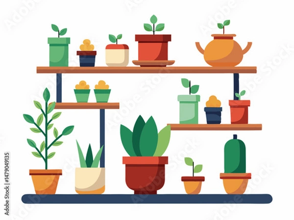 Fototapeta A shelf with several small flower pots in different shapes and sizes. White background, interior design concept