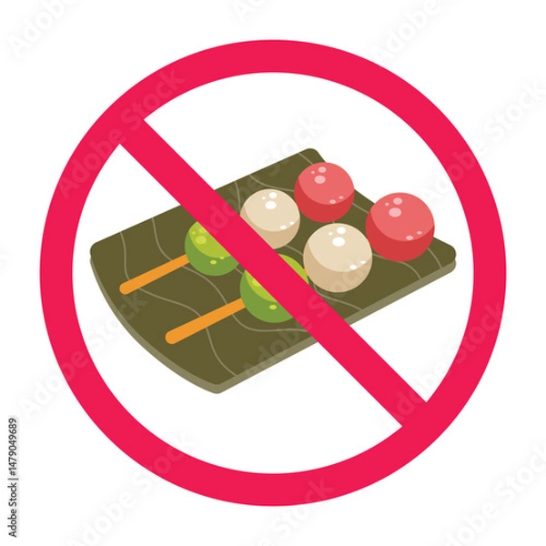 Obraz Forbidden sign with japanese dumpling icon, no dango allowed sign, do not eat dango symbol
