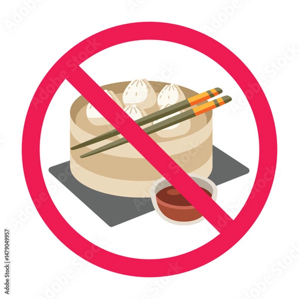 Obraz Forbidden sign with dimsum siomay dumplings icon, no dimsum allowed sign, do not eat siomay symbol