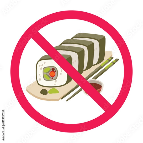 Obraz Forbidden sign with sushi japanese food icon, no rolled sushi rice allowed sign, do not eat sushi symbol