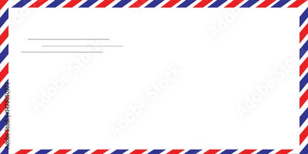 Fototapeta Airmail Envelope frame images with strips. International vintage letter border. Retro air mail postcard with blue and red stripes.  Empty classic postal frame. Vector illustration