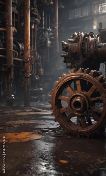Fototapeta Rusting gears, dripping pipes, shadowed factory floor,  dark,  cogs