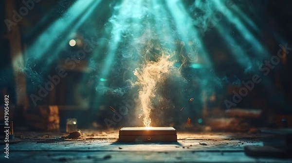 Fototapeta Mystical beam of light erupts from a box in a dimly lit, ruined room