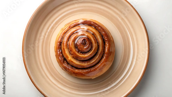 Fototapeta Vegan baking Vegan cinnamon roll baking on beige plate with sweet glaze topping in cozy setting