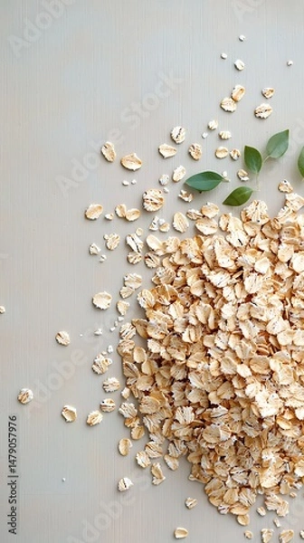 Fototapeta Rolled oats, scattered with tiny green leaves, on a light beige surface, top-down view