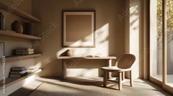 Fototapeta Balanced beige and wood elements in a harmonious home office environment