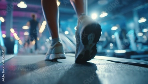 Fototapeta Legs Run on Treadmill in a Modern Gym, Fitness Routine for Active Wellness, and Achieve Goals