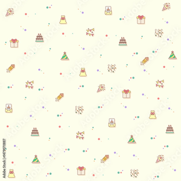 Fototapeta Vector illustration of a cute Birthday And party. Collection of celebration, event, cake, Firecracker, invitation, letter, gift, festival, mirror ball and other elements. Isolated on beige.