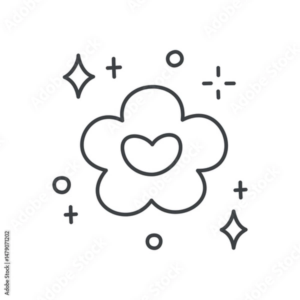 Fototapeta Cute floral illustration. Charming design featuring a flower with a heart-shaped center, stars and sparkles. Hand drawn monochrome illustration isolated on a white background. Vector 10 EPS.