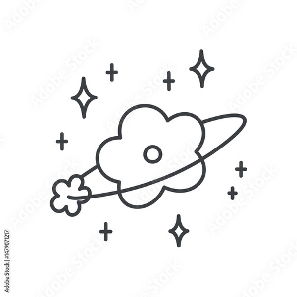 Fototapeta Cute floral illustration. Fancy design featuring a daisy planet with a little flower satellite orbiting around it. Hand drawn monochrome illustration isolated on a white background. Vector 10 EPS.