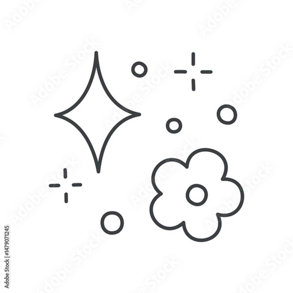 Fototapeta Cute floral illustration. Whimsical design with a star and a flower surrounded by sparkles. Hand drawn monochrome illustration isolated on a white background. Kawaii sticker. Vector 10 EPS.