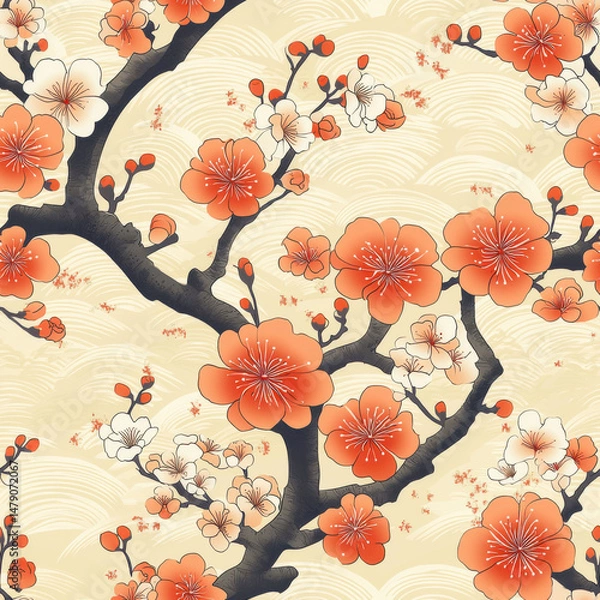 Fototapeta Beautiful cherry blossom pattern with vibrant flowers and delicate branches